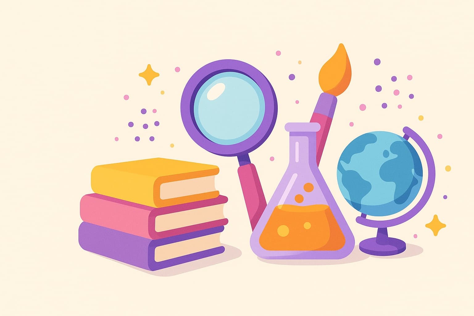 Colorful illustration of books, a magnifying glass, a science beaker and a globe