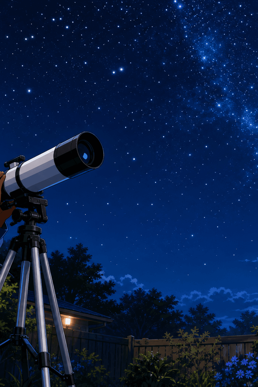 A person at a backyard telescope in the blue dusk, aiming it at a bright moon above bare trees.