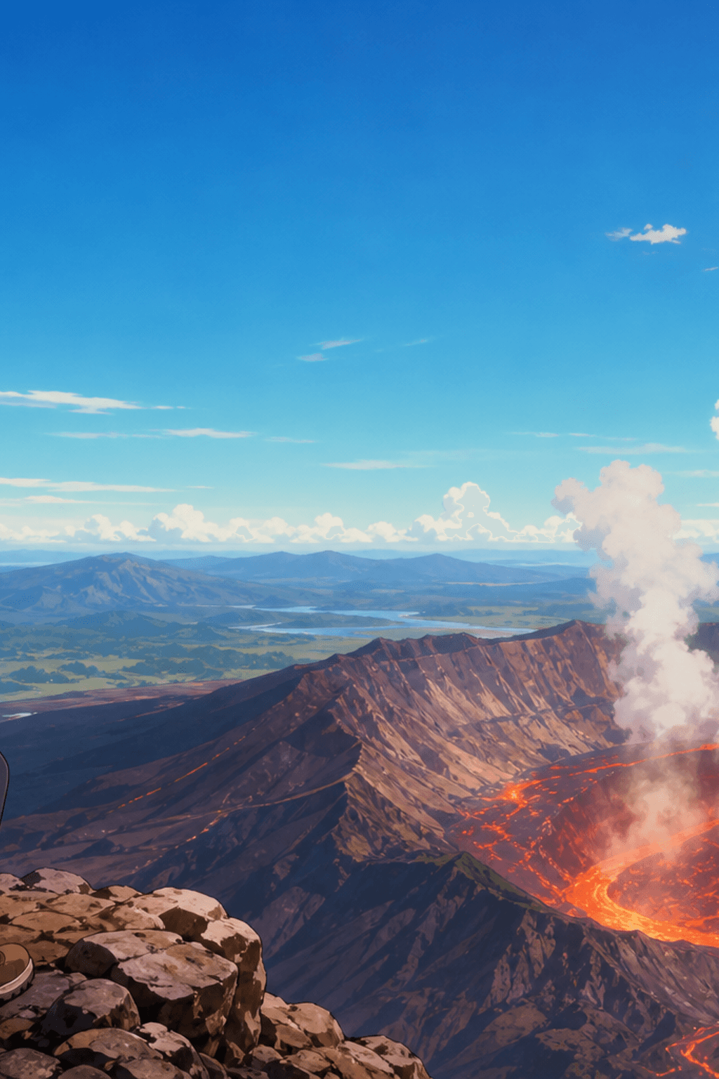 Volcanologists in high-visibility jackets standing on the rim of an active volcanic crater at dusk, glowing lava below.